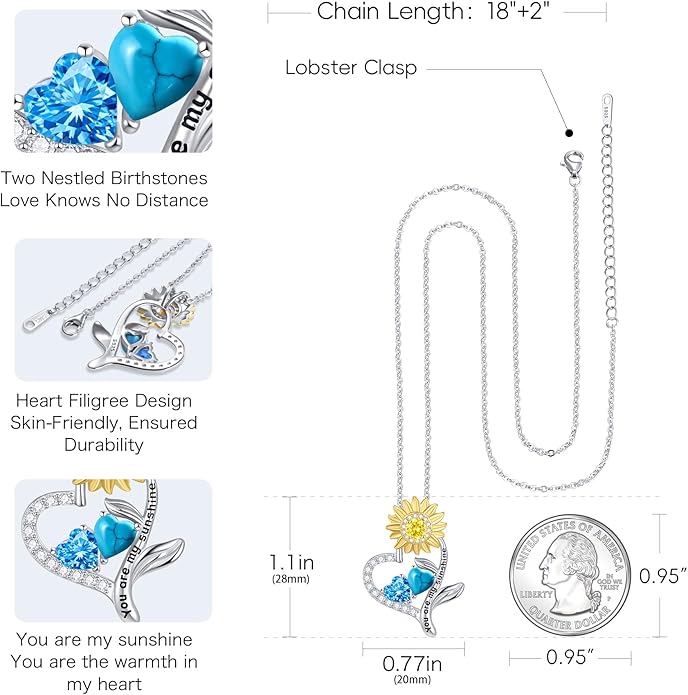 PERJI Valentine's Day Gifts for Women - 925 Sterling Silver Double Birthstone Sunflower Necklace, Anniversary Birthday Jewelry You are My Sunshine Gifts for Wife Couple Girlfriend 18"+2" Non Tarnish