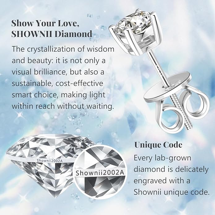 SHOWNII Diamond 4-Prong Lab-Grown Diamond Stud Earrings for Women 0.5CT 1CT 14K Gold Plated S925 Sterling Silver Screw Back Earrings(I-J Color, S1-VS2 Clarity)