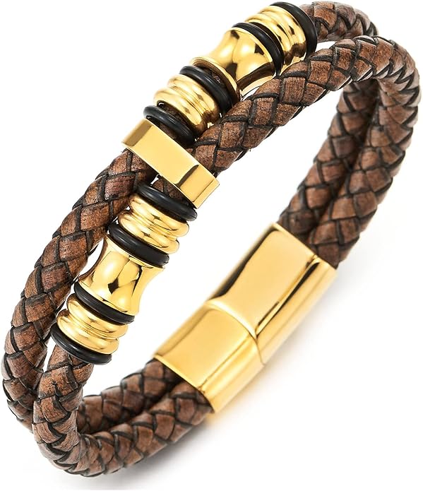 COOLSTEELANDBEYOND Mens Double-Row Braided Leather Bracelet Bangle Wristband with Stainless Steel Ornaments