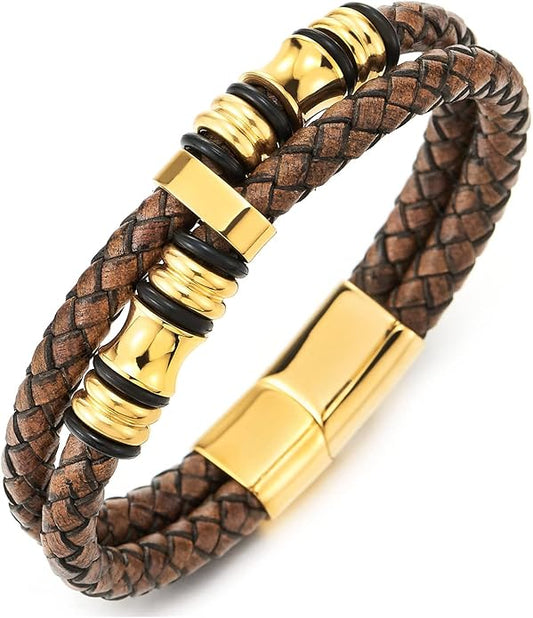 COOLSTEELANDBEYOND Mens Double-Row Braided Leather Bracelet Bangle Wristband with Stainless Steel Ornaments