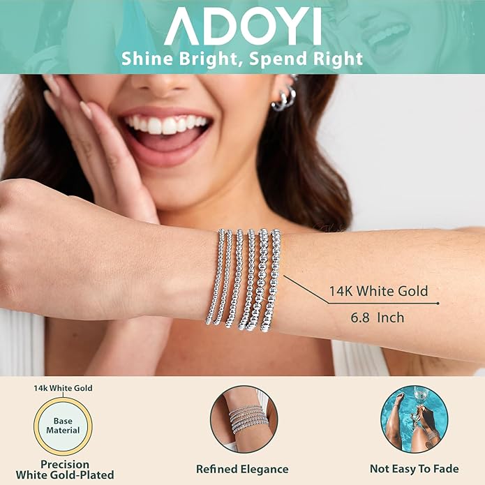 adoyi Gold Bracelets for Women Waterproof, 14K Gold Plated Beaded Strand Bead Ball Bracelets stack Adjustable Jewelry Set for Gifts