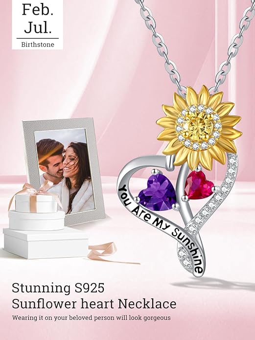 Zeuslia Double Birthstone Necklace Gifts for Wife - 925 Sterling Silver Sunflower/Rose/Crown Cross/Compass/Heart Pendant I Love You Necklace, Anniversary Birthday Gifts for Wife Girlfriend Mom Her