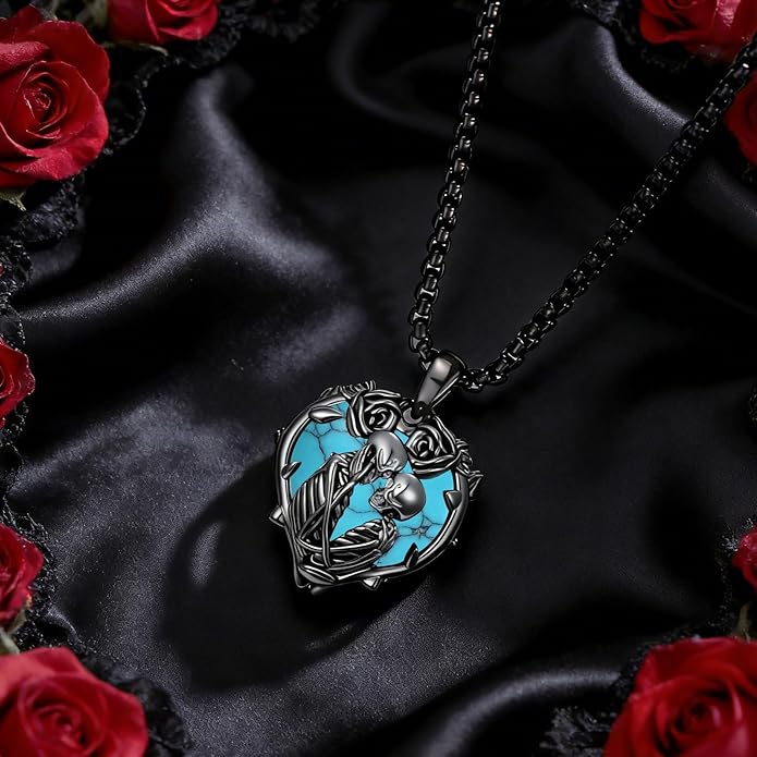 Flpruy 925 Sterling Silver Black Gothic Jewelry Gifts Skeleton Couple Pendant Crystal Birthstone Heart Necklace Punk Romantic Jewelry for Lover Men Women