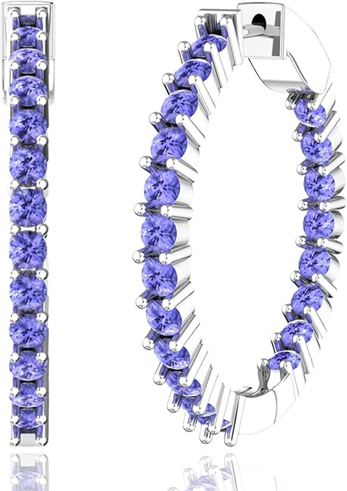 Hoop Earrings with 40 Colored Gemstones, Birthstone Earrings, 925 Sterling Silver Rhodium Plated, Push Back Closure, 1.18'