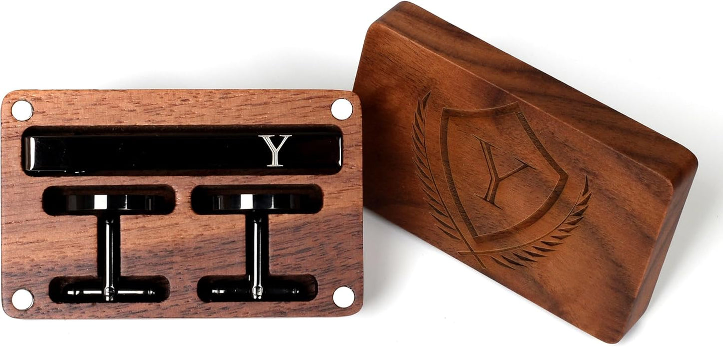 Mens Initial Cufflinks and Tie Clip A-Z Alphabet Letter Black Stainless Cuff Links Tie Bar with Engraved Walnut Wood Box Groom Groomsman Wedding Set