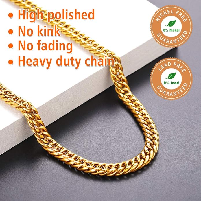 FindChic Men Curb Chain Necklace 18K Gold Plated/Stainless Steel/Black Chunky Double Tight Cuban Link Hip Hop Neck Chains for Men Boys 3.5MM/5MM/6MM/7MM/9MM/12MM 14''-30'' 8 Length Options (Send Gift Box)