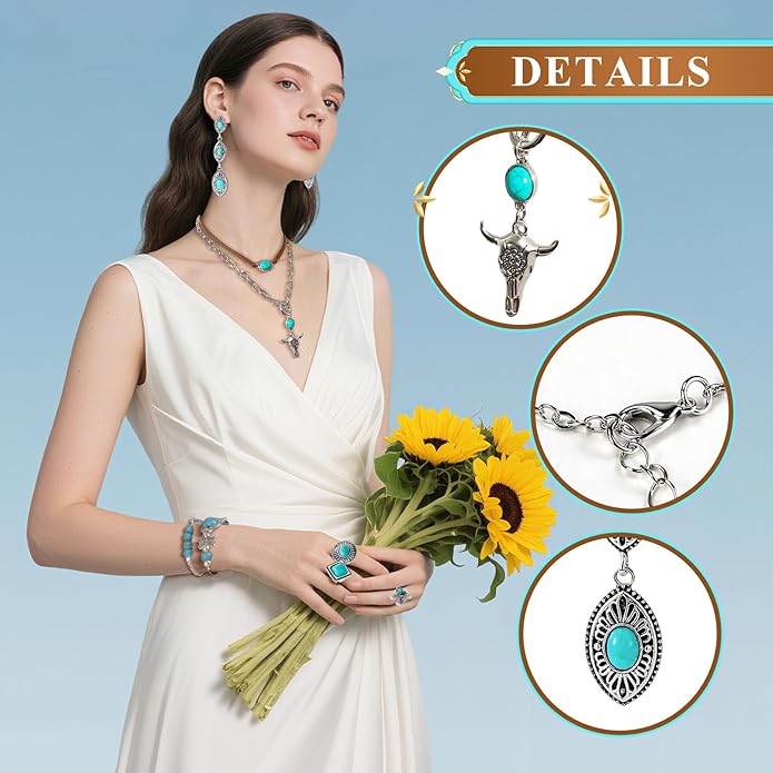 26 PCS Turquoise Cowgirl Jewelry for Women with Layered Boho Necklace, Turquoise Stud Earrings, Bohemian Bracelet and Ring Set, Country Western Jewelry for Women Gift