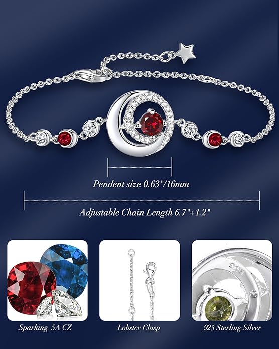 FANCIME Birthstone Bracelets 925 Sterling Silver Moon and Star Bangle Charm Bracelet Fine Jewelry Birthday Anniversary Christmas Day Gift for Her Women, Adjustable Chain 6.7"+1.2" Extend