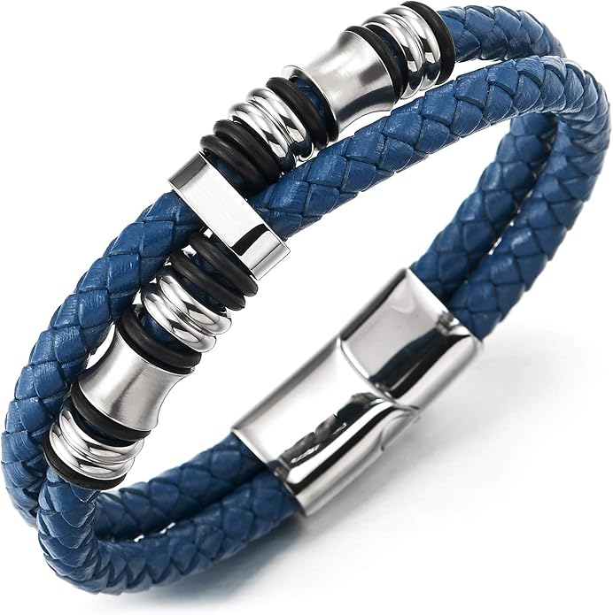 COOLSTEELANDBEYOND Mens Double-Row Braided Leather Bracelet Bangle Wristband with Stainless Steel Ornaments