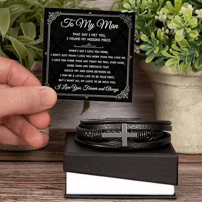 Mapileng To My Man – Braided Leather & Stainless Steel Bracelet with Heartfelt ‘Love You Forever’ - Elegant Gift Box Included, Gift from Girlfriend or Wife for Husband, Boyfriend, or Brother