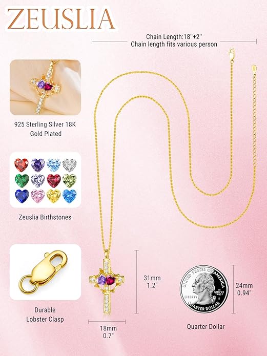 Zeuslia Double Birthstone Necklace Gifts for Wife - 925 Sterling Silver Sunflower/Rose/Crown Cross/Compass/Heart Pendant I Love You Necklace, Anniversary Birthday Gifts for Wife Girlfriend Mom Her