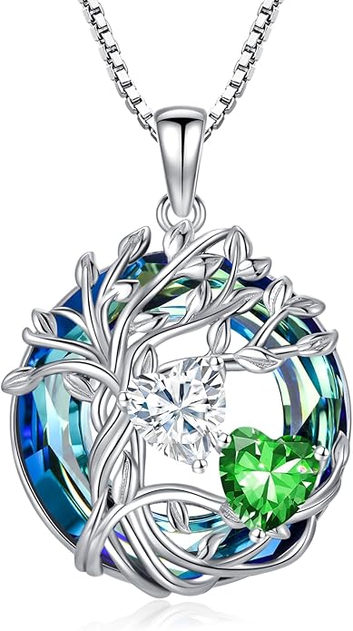 TOUPOP s925 Sterling Silver Family Celtic Tree of Life Pendant Necklaces with 2 Heart Birthstone with Blue Austrian Crystal Jewelry Birthday Anniversary Christmas Gifts for Her Wife Girlfriend Mom (18K Real White Gold Filled)