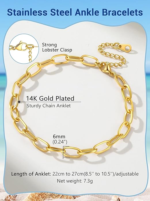 PROSTEEL Stainless Steel Chain Anklets for Women, Silver/Gold Tone, Ankle Bracelets Hypoallergenic, 8-10.5 Inch Adjustable, Come with Box
