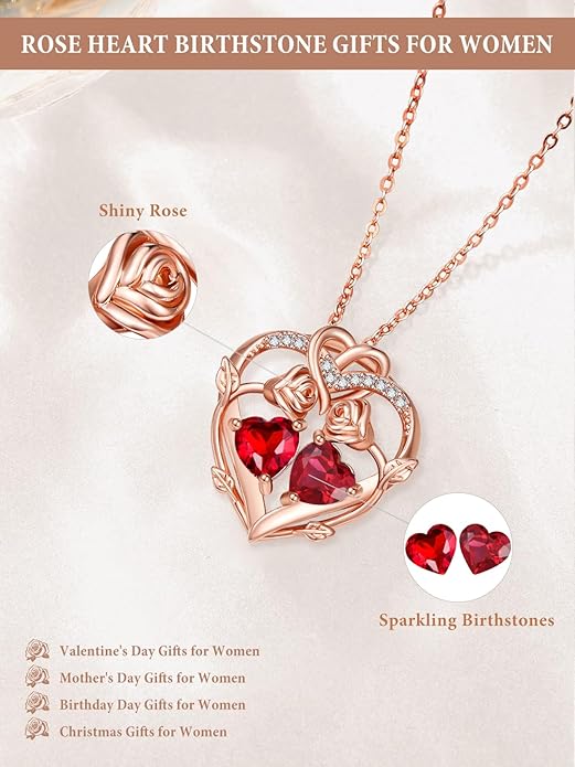 Rose Gold Necklaces for Women Double Birthstone Rose Flower Heart Pendant Necklace Jewelry Anniversary Christmas Valentine's Mother's Day Birthday Gift for Wife Mom Her Girlfriend Sister