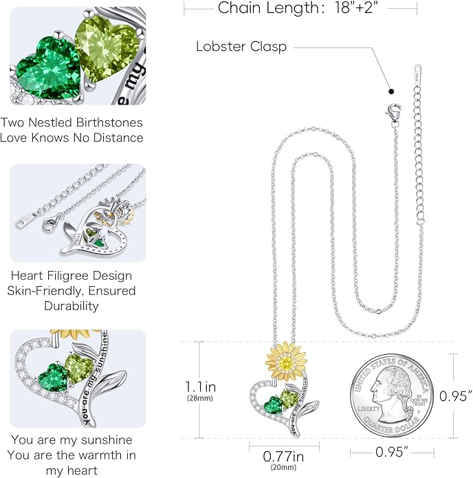 PERJI Valentine's Day Gifts for Women - 925 Sterling Silver Double Birthstone Sunflower Necklace, Anniversary Birthday Jewelry You are My Sunshine Gifts for Wife Couple Girlfriend 18"+2" Non Tarnish