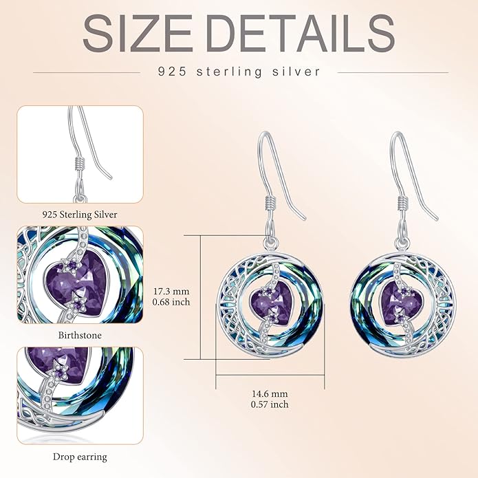 TOUPOP Birthstone Earrings for Women 925 Sterling Silver Moon and Star Dangle Earrings with Blue Crystal BirthdayJewelry Christmas Gifts for Women