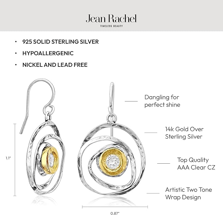 Jean Rachel Jewelry - Artistic Mixed Metal Two Tone Earrings for Women – CZ Dangle Earrings – 925 Sterling Silver & 14K Gold Over Silver – Hypoallergenic Statement Design