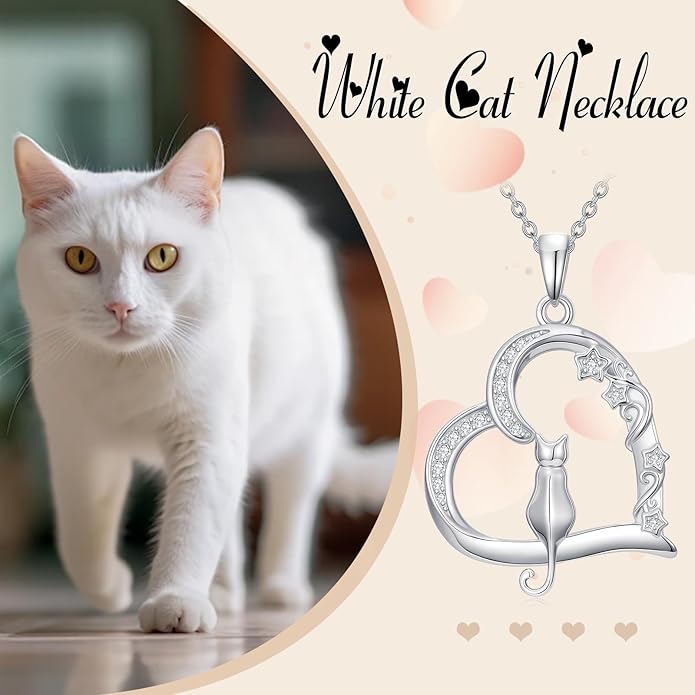 Cat Gifts for Women 925 Sterling Silver Heart Moon Cat Necklace Pendant Women Jewelry Halloween Christmas Gifts
