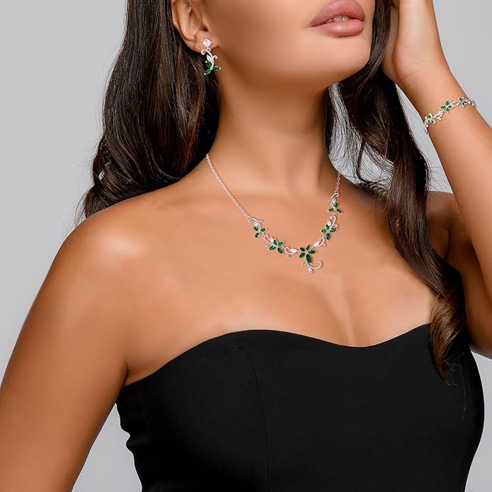 Crysdue Flower Leaf Wedding Jewelry Set for Bridal Bridemaid, Cubic Zirconia Teardrop Elegant Silver/14K/Rose Gold Plated Vine Necklace Dangle Earrings for Prom Party