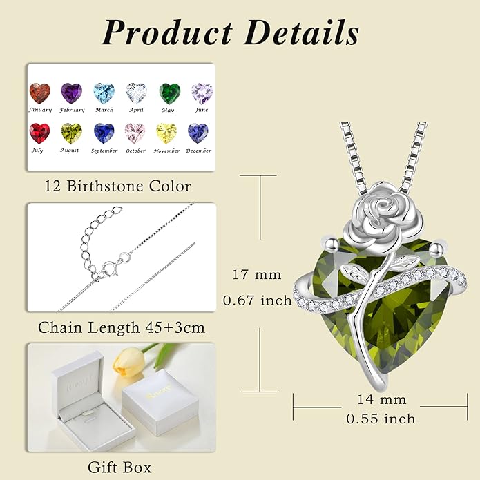 Birthstone Necklace for Women 925 Sterling Silver Love Heart Rose Flower Necklace Dainty Jewelry Gifts for Women Wife Girlfriend Mother Daughter Her