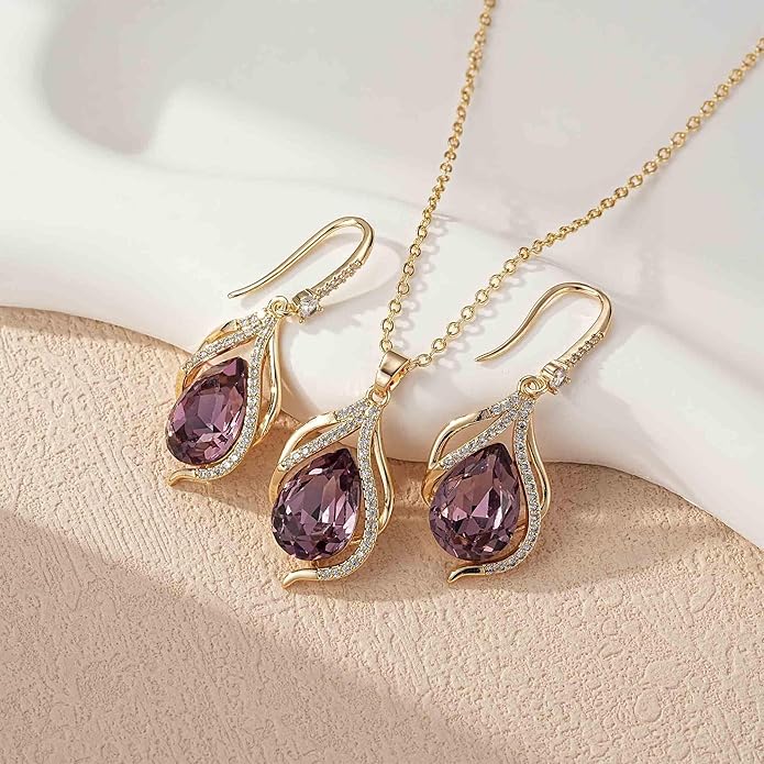 EVEVIC Austrian Crystals Teardrop Hollow Twisted Pendant Necklace Earrings for Women 14K Gold Plated Halo Drop Dangle Earrings Hypoallergenic Jewelry Set