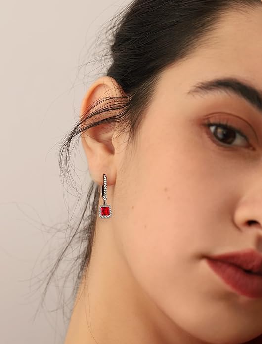 Square Dangle Drop Earrings Sterling Silver Halo Leverback Earrings Birthstone Jewelry for Women