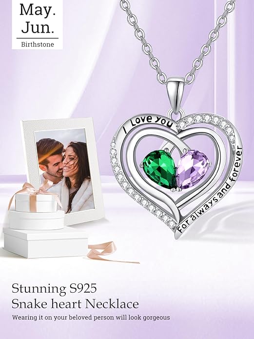 Zeuslia Double Birthstone Necklace Gifts for Wife - 925 Sterling Silver Sunflower/Rose/Crown Cross/Compass/Heart Pendant I Love You Necklace, Anniversary Birthday Gifts for Wife Girlfriend Mom Her