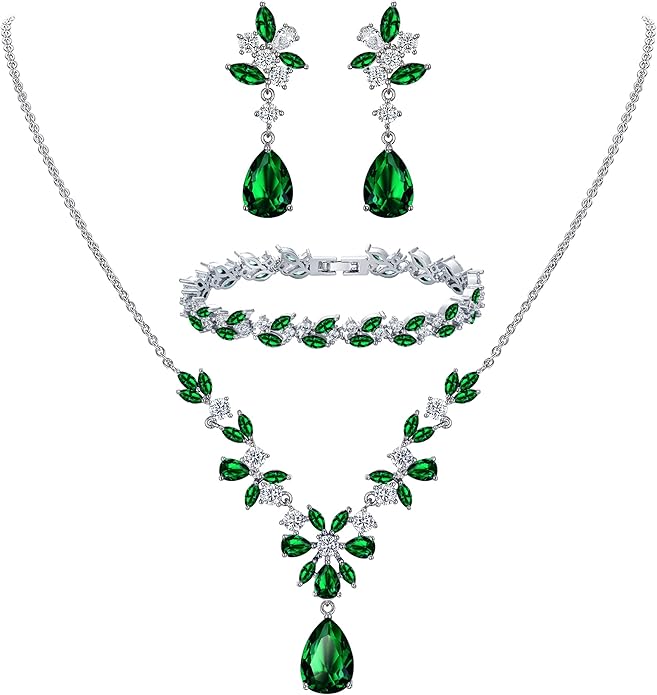 EleQueen Women's Wedding Bridal Jewelry Set for Brides Bridesmaids, Silver/14K Gold/Rose Gold Plated Cubic Zirconia Teardrop Necklace Dangle Earrings Bracelet Sets for Party Prom