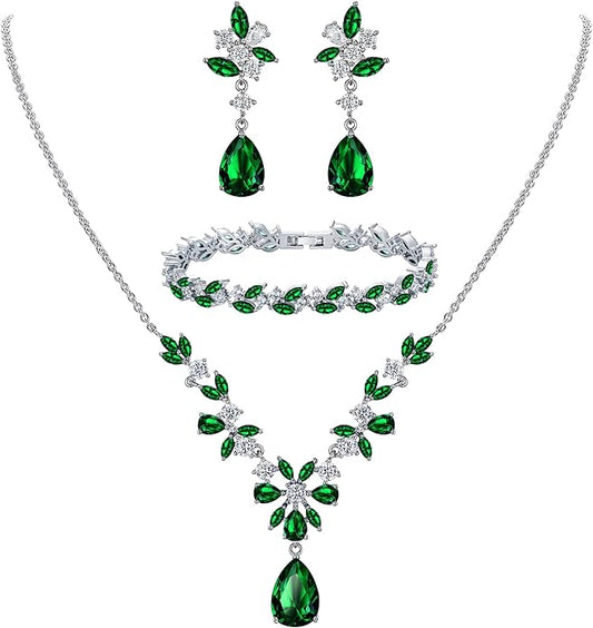 EleQueen Women's Wedding Bridal Jewelry Set for Brides Bridesmaids, Silver/14K Gold/Rose Gold Plated Cubic Zirconia Teardrop Necklace Dangle Earrings Bracelet Sets for Party Prom