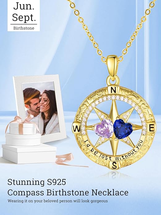 Zeuslia Double Birthstone Necklace Gifts for Wife - 925 Sterling Silver Sunflower/Rose/Crown Cross/Compass/Heart Pendant I Love You Necklace, Anniversary Birthday Gifts for Wife Girlfriend Mom Her