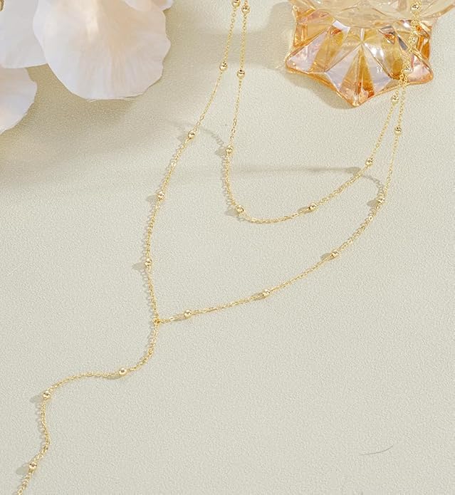 iF YOU Lariat Gold Long Necklaces for Women Trendy, Dainty 14K Gold Plated Drop Chain Necklace, Layered Rosary Beaded Y Necklaces Simple Fashion Jewelry Gifts