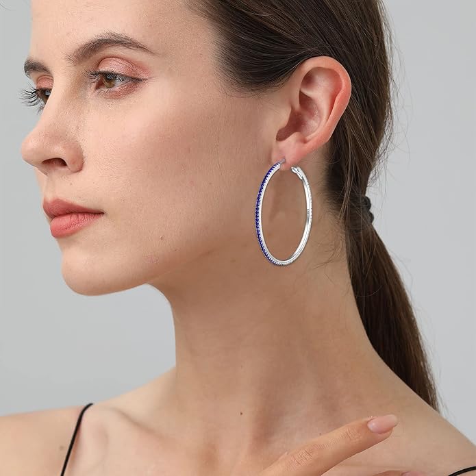 925 Sterling Silver Earrings Large Rhinestone Hoop Earrings Big Cubic Zirconia Hoop Earrings Thin Rhinestones Round Hoop Earrings for Women 20/30/40/50/60/70mm Sparkly Hoops With Crystals for Womens