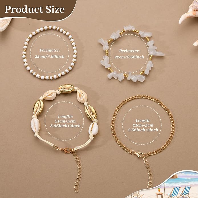 Bead Ankle Bracelets for Women Waterproof Adjustable Boho Shell Anklet Summer Beach Seashell Conch Foot Jewelry Accessories