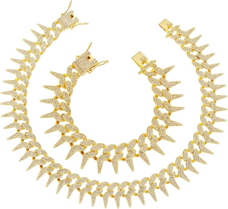HH BLING EMPIRE Mens Gold Silver Plated Spike Cuban Link Chain Necklace and Bracelet Sets, Chunky Iced Out Diamond Miami Cuban Link Chains Hip Hop Jewelry