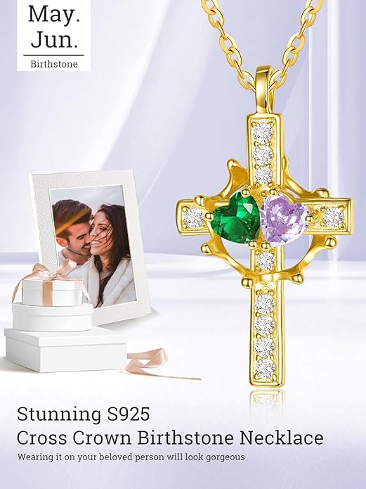 Zeuslia Double Birthstone Necklace Gifts for Wife - 925 Sterling Silver Sunflower/Rose/Crown Cross/Compass/Heart Pendant I Love You Necklace, Anniversary Birthday Gifts for Wife Girlfriend Mom Her