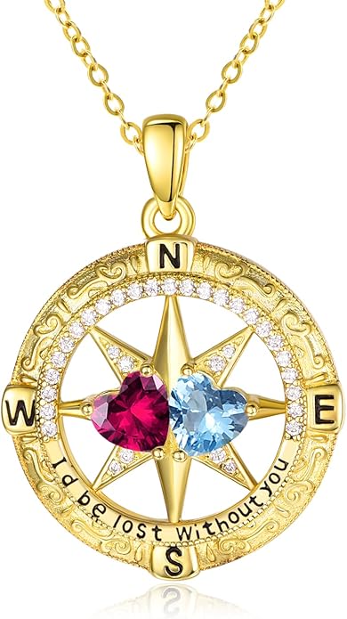 Zeuslia Double Birthstone Necklace Gifts for Wife - 925 Sterling Silver Sunflower/Rose/Crown Cross/Compass/Heart Pendant I Love You Necklace, Anniversary Birthday Gifts for Wife Girlfriend Mom Her
