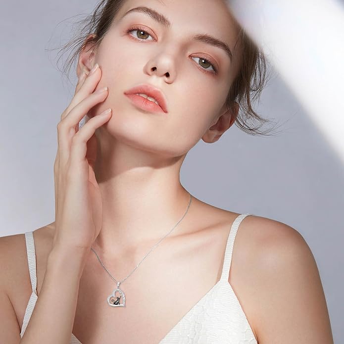 Cat Gifts for Women 925 Sterling Silver Heart Moon Cat Necklace Pendant Women Jewelry Halloween Christmas Gifts
