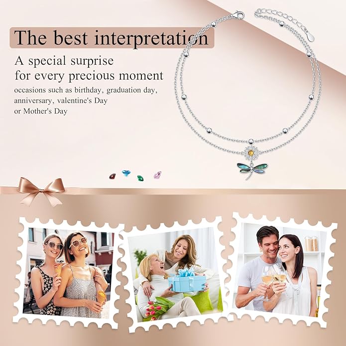 Anklets for Women 925 Sterling Silver Charm Layered Simulated Opal/Moonstone/Daisy/Infinity Summer Beach Ankle Bracelet Foot Chain Jewelry Birthday Valentine's Day Mother's Day Gift