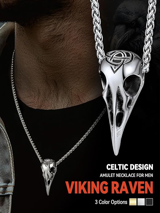 FaithHeart Viking Raven Necklace for Men, Norse Mythology Raven Skull Pendant Sturdy Stainless Steel Amulet Jewelry Gift for Men