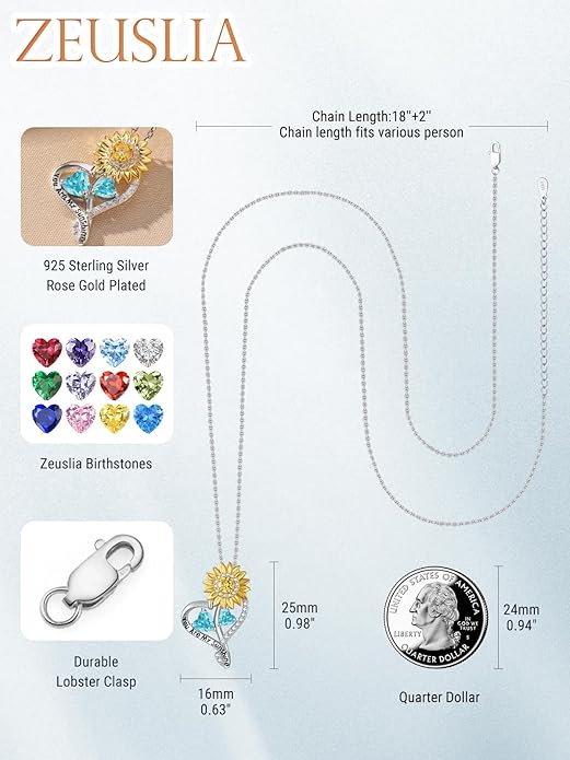 Zeuslia Double Birthstone Necklace Gifts for Wife - 925 Sterling Silver Sunflower/Rose/Crown Cross/Compass/Heart Pendant I Love You Necklace, Anniversary Birthday Gifts for Wife Girlfriend Mom Her