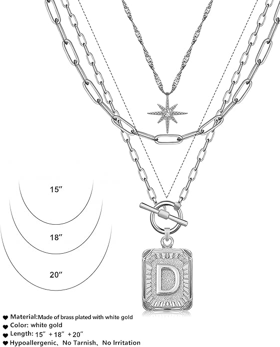 MJartoria Layered Initial Necklaces for Women Trendy, 14K Gold Plated Brass Simple Star Choker Square Letter Pendant Necklace, Paperclip Chain Necklaces Jewelry Gifts