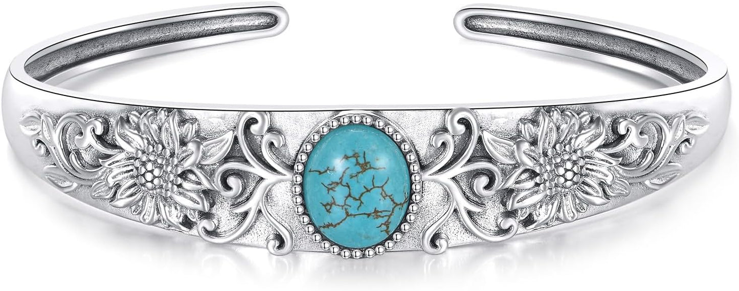 Genuine Turquoise Cuff Bracelet for Women, 925 Sterling Silver Adjustable Sunflower Bangle, Vintage Carved Boho Jewelry Gift for Christmas or Birthday