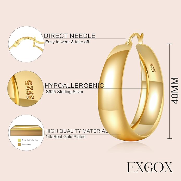 EXGOX Gold Hoop Earrings for Women Sterling Silver Post Hoops Earrings for Women Wide Thick Silver Hoop Earrings Hypoallergenic Lightweight 14k Real Gold Plated Hoop Large Earrings (25/30/40/50MM)