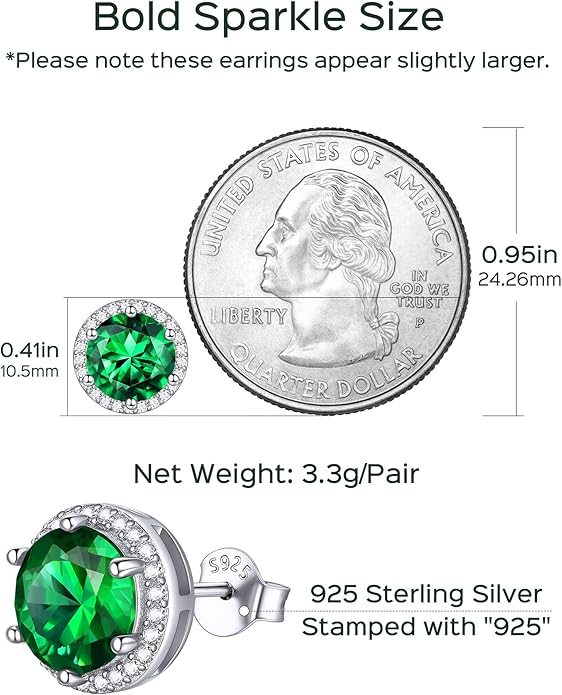 ChicSilver 925 Sterling Silver Birthstone Earrings for Women, 8MM/2 Carat Heart & Round Cubic Zirconia Stud Earrings, Hypoallergenic Jewelry, Ideal Birthday or Christmas Gifts