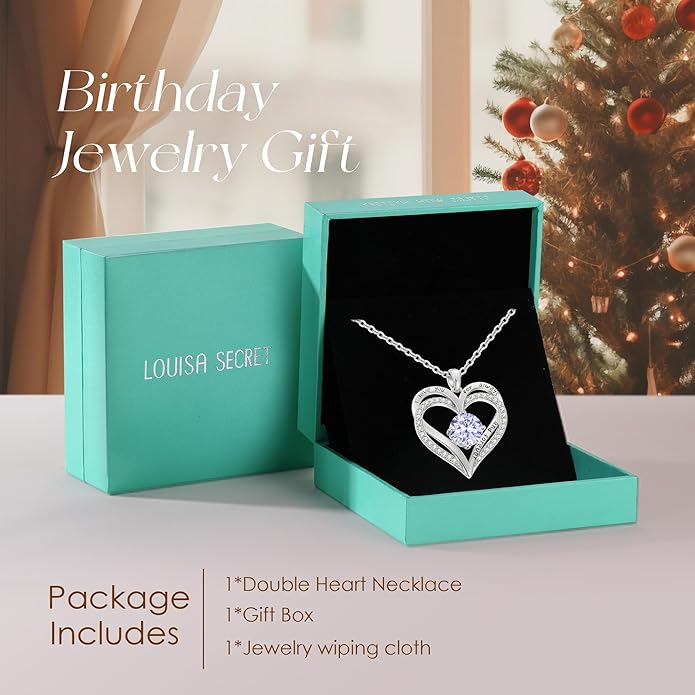 LOUISA SECRET Love Heart Birthstone Necklaces for Women, Birthday Gift for Girlfriend, Anniversary Jewelry Gift for Wife Her, 925 Sterling Silver Women Pendant Necklace, Mother's Day Christams Gift