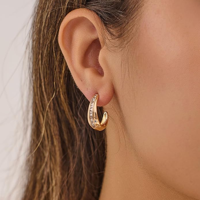 14K Gold & Rose Gold Hoop Earrings for Women, Chunky Huggie Half Hoops Earrings, Hypoallergenic Non Tarnish Cubic Zirconia Trendy Minimalist Everyday Jewelry Gift