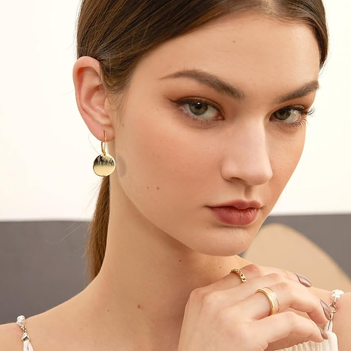 14K Gold Dangle Earrings for Women，Lightweight Circle Disc Coin Geometric Flat Brushed Drop Earrings, Hypoallergenic Leverback Earrings S925 Jewelry