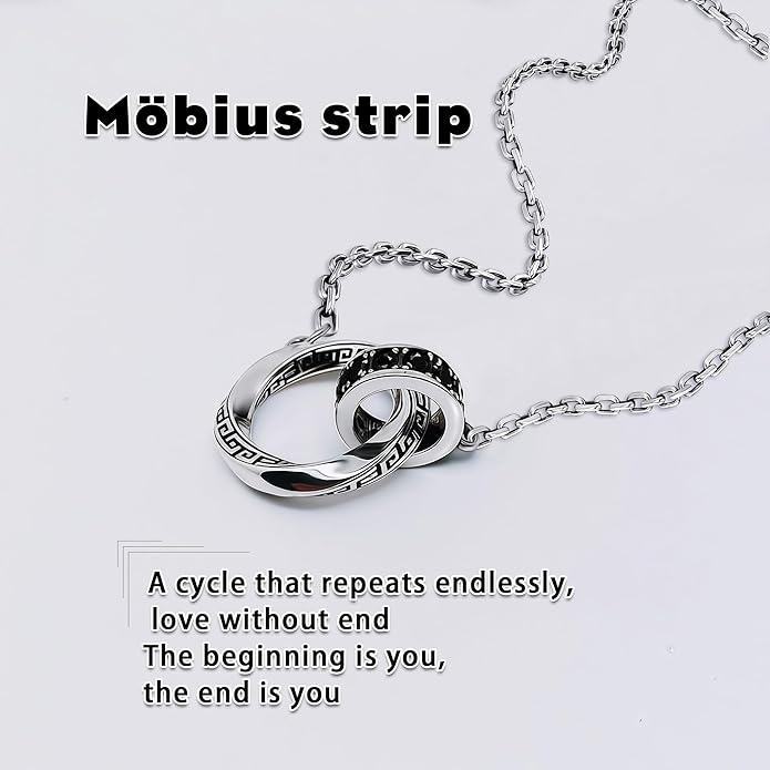 BRAYEG Möbius Strip Men's Necklace, Double Ring Black Onyx Pendant Necklace for Men, Silver Interlocking Circle Mens Necklaces holiday,Jewelry Gift for Him Boyfriend Husband (22+2Inchs)