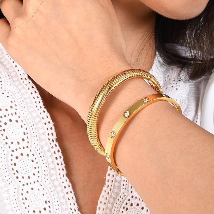MPRAINBOW Gold Bracelets for Women, 2Pcs 18K Gold Plated Cubic Zirconia Bangle Crystal Friendship Bracelet Jewelry,Wedding Party Christmas Birthday Gifts for Her Girlfriend Sister Daughter