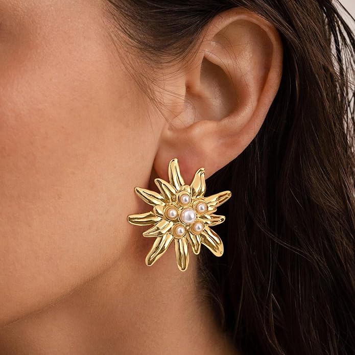 Womens Floral Gold Studs Earrings - 14K Gold Plated Earring,Personality Summer Big Flower Stud,Hypoallergenic Statement Chunky Ear Rings Aretes Trendy Jewelry,Christmas Birthday Prom Gifts for Her